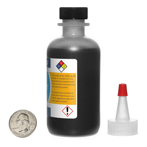 Front view of 3 oz bottle of Ultra Fine 44 Micron Graphite Powder, 99.9 Percent Pure, with a quarter for size comparison and screw cap.
