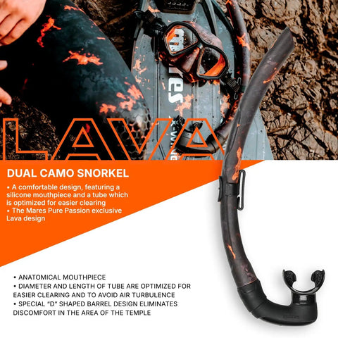 Dual Camo Freediving Snorkel With Silicone Mouthpiece And PVC Tube For Effortless Breathing, Lava Finish