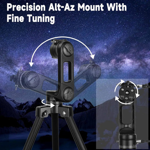 130mm Professional Astronomical Telescope With 650mm Focal Length For Bright Views Alt Az Mount With Fine Adjustment Dual Phone Adapters Moon Filter 65X And 32 Point 5X Magnification Ideal For Adults And Beginners, black mount close-up