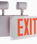 Outdoor Wet Location Red LED Exit Sign with Battery Backup Emergency Light showing rugged weatherproof double-sided design