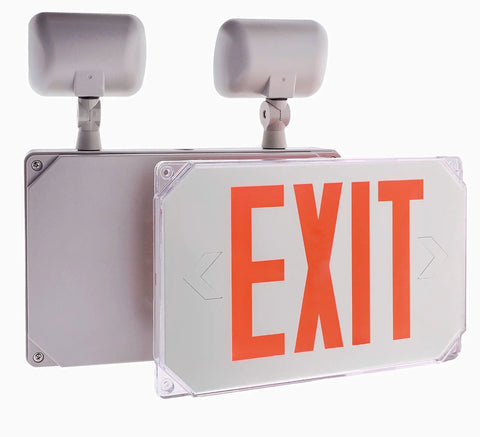 Outdoor Wet Location Red LED Exit Sign with Battery Backup Emergency Light showing rugged weatherproof double-sided design