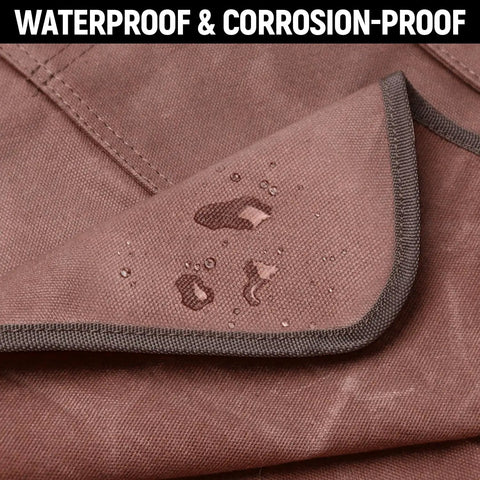 Mens Heavy Duty Canvas Shop Apron With Nine Deep Tool Pockets Water And Oil Resistant Pro Workhorse Gear detail showing waterproof fabric.