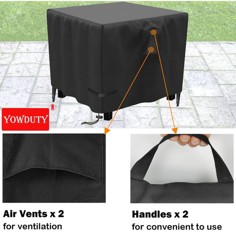 Square 30 Inch Propane Fire Pit Cover Tough As Nails Waterproof 600D Fits 28 To 30 Inch Gas Fire Pit Table All Weather Patio Protection 30 By 30 By 25 Inches shown with features like air vents and handles.