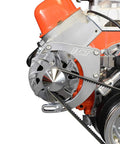 Close-up of Beefy Big Block Chevy BBC Alternator And Power Steering Pump Bracket Kit installed on engine with belt system.