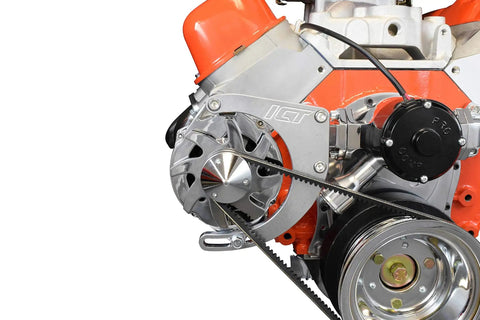Close-up of Beefy Big Block Chevy BBC Alternator And Power Steering Pump Bracket Kit installed on engine with belt system.