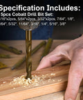 Heavy Duty Cobalt Drill Bits Set, 15 Pc M35 HSS used on wood, showing 135 Degree Twist Tips in action