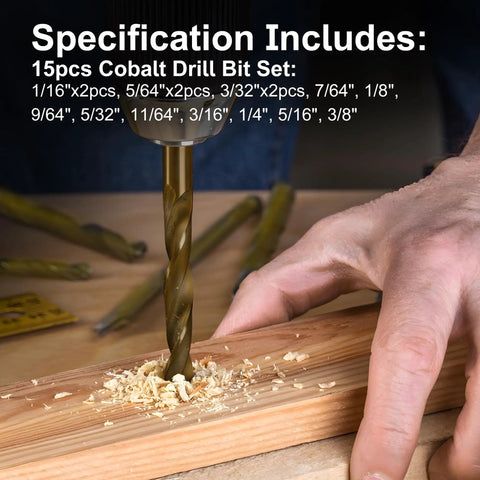 Heavy Duty Cobalt Drill Bits Set, 15 Pc M35 HSS used on wood, showing 135 Degree Twist Tips in action