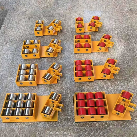 Various heavy duty trailer mover dolly setups with polyurethane rollers for easy movement over different surfaces.