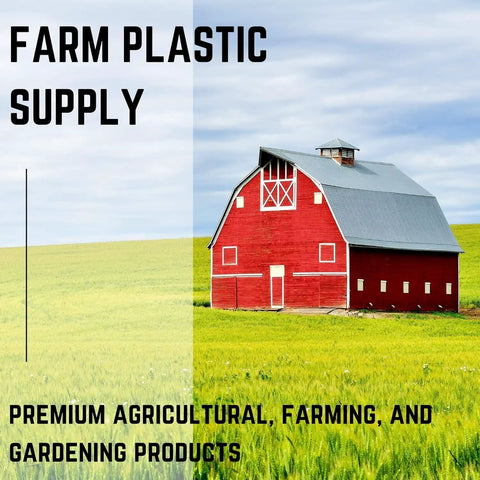 Red barn on green field under cloudy sky with 'Farm Plastic Supply' text overlay.