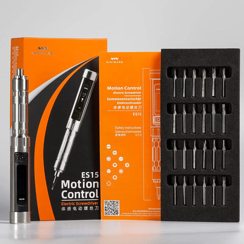 ES15 Mini Electric Screwdriver With Rechargeable Battery, cordless precision screwdriver set, 24 magnetic bits displayed