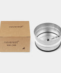 neverest 4-inch inline backdraft damper with metal housing and white rubber seal beside its cardboard box