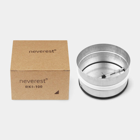 neverest 4-inch inline backdraft damper with metal housing and white rubber seal beside its cardboard box