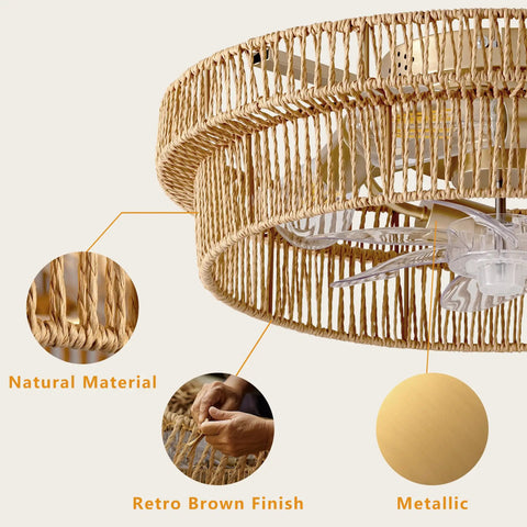 Close-up of the boho rattan ceiling fan's natural material, retro brown finish, and metallic details. Keep Your Living Area Chill With This Dope Boho Rattan Ceiling Fan With Integrated Light And Flush Mount Low Profile Design Crafted For Smooth Airflow And Cozy Indoor Vibes Every Day.