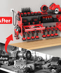 Power Tool Organizer Wall Mount With Drill Rack, Grinder Holder, Hammer And Pliers Rack, Locking Drawers, 6 Outlet Charging Shelf