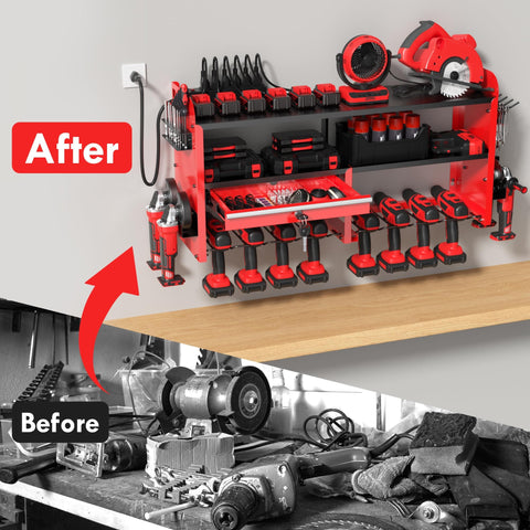 Power Tool Organizer Wall Mount With Drill Rack, Grinder Holder, Hammer And Pliers Rack, Locking Drawers, 6 Outlet Charging Shelf