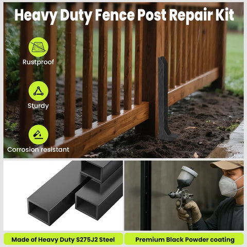 2 Pack Heavy Duty Fence Post Repair Kit For 4x4 And 6x6 Wood Or Metal Posts With Thickened Steel Anchor And Stakes Includes Self Tapping Screws And Magnetic Driver Socket To Fix Leaning Or Broken Posts installed on wooden fence