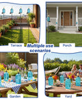 4 Pack Glass Garden Torch Set With 13.5 Oz Citronella Oil, 61 Inch Adjustable Blue Outdoor Torches For Patio Party Pathway shown in various settings like terrace, porch, and garden.