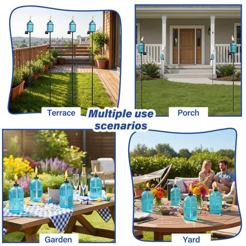 4 Pack Glass Garden Torch Set With 13.5 Oz Citronella Oil, 61 Inch Adjustable Blue Outdoor Torches For Patio Party Pathway shown in various settings like terrace, porch, and garden.