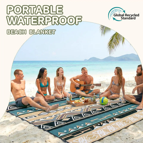 Group on Waterproof Picnic Blanket For Outdoor Adventures Extra Large 80x80 Inch Beach Mat Rug Foldable Gear on beach.