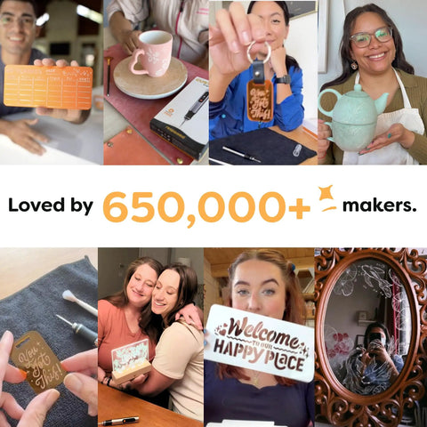 Collage of people using Customizer Special Edition Engraving Kit DIY Starter Set With Engraving Pen And Bits And Materials For Beginners