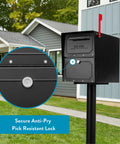Oasis Classic Locking Post Mount Parcel Mailbox with anti-pry lock, heavy duty galvanized steel, black finish, outdoor use.