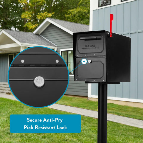 Oasis Classic Locking Post Mount Parcel Mailbox with anti-pry lock, heavy duty galvanized steel, black finish, outdoor use.