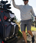 Lightweight Men S C130 Cart Golf Bag Featuring 14 Way Club Dividers And Slick Pocket Layout Built Smooth For Fast Pace Rounds, mounted on electric cart.