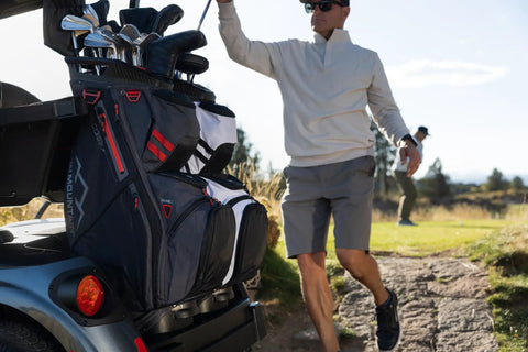 Lightweight Men S C130 Cart Golf Bag Featuring 14 Way Club Dividers And Slick Pocket Layout Built Smooth For Fast Pace Rounds, mounted on electric cart.