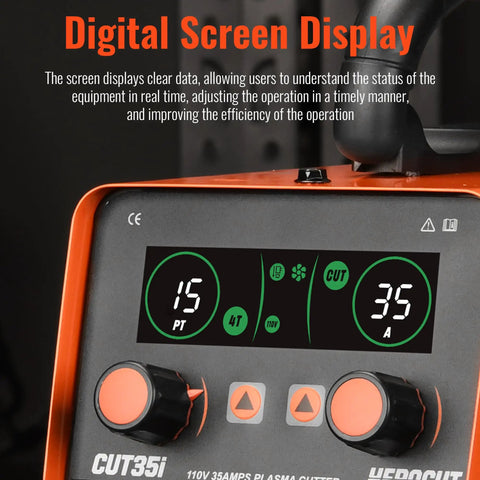 Digital screen display of 35 Amp Plasma Cutter CUT35i 110V HF IGBT Inverter Technology Plasma Cutting Machine with PT-31 Torch