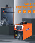 Super Cool 4 In 1 Portable Welding Machine That Gets The Job Done With Gasless Flux Core Mig, Stick, And Lift Tig Capabilities Plus Smart Synergic Control For Smooth Dual Voltage Operation, featuring safety protections.