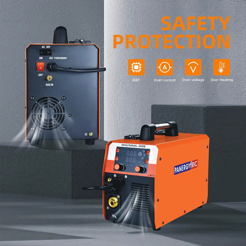 Super Cool 4 In 1 Portable Welding Machine That Gets The Job Done With Gasless Flux Core Mig, Stick, And Lift Tig Capabilities Plus Smart Synergic Control For Smooth Dual Voltage Operation, featuring safety protections.