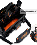 Heavy Duty 19 Pocket Tool Tote For HVAC Technicians And Electricians, Rugged Organizer Bag With Orange Lining And Tools Inside