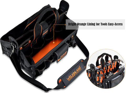 Heavy Duty 19 Pocket Tool Tote For HVAC Technicians And Electricians, Rugged Organizer Bag With Orange Lining And Tools Inside