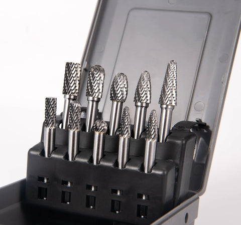 10 piece carbide burr set for metalwork in case