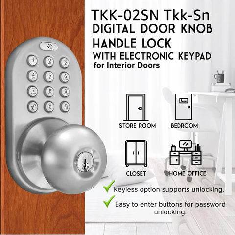TKK Digital Door Knob Lock With Electronic Keypad Satin Nickel Finish on interior wooden door