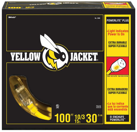 Packaging of Heavy Duty Outdoor Extension Cord With Lighted End For Safety Waterproof Yellow Jacket 100-Foot 10/3 SJTW.