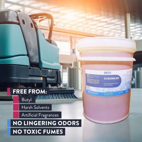 Kick Ass Heavy Duty Low Foam Auto Floor Cleaner Industrial Strength Concentrate 5-gallon bucket on floor with cleaning machine.