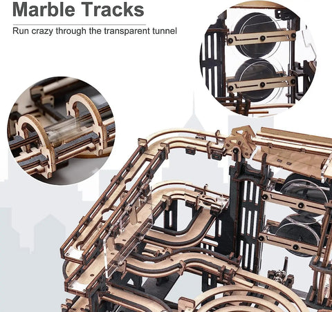 Close-up of 3D Wooden Marble Run Puzzle Kit for Adults showing mechanical tracks and clear tunnels, night city themed.