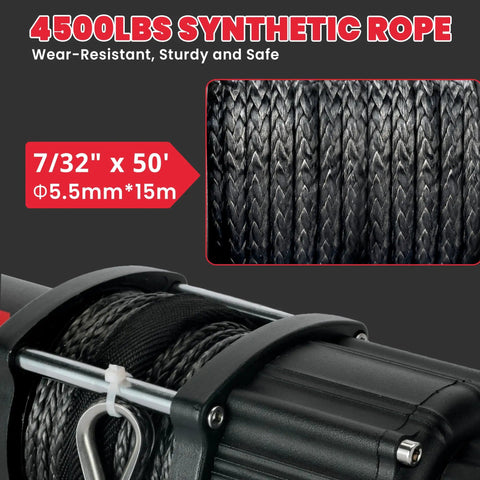4500 Lb ATV UTV Winch Kit With 50 Foot Synthetic Rope Wireless Remote And 12V Motor Beefy Heavy Duty Off Road Tow Winch For Mud Sand Rocks And Tough Trail Recovery, 7/32 in x 50 ft synthetic rope