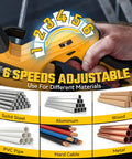 6-speed adjustable dial on a cordless portable band saw with two and a half inch cutting capacity for various materials