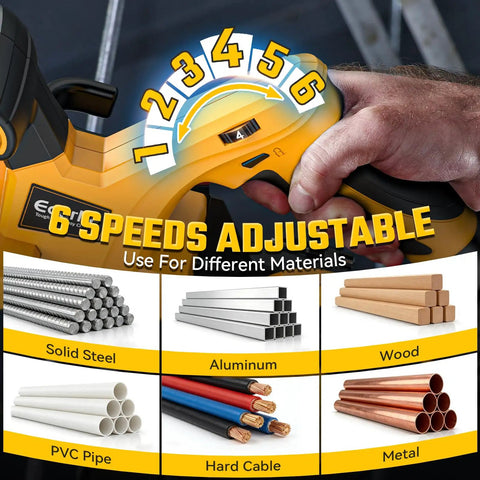 6-speed adjustable dial on a cordless portable band saw with two and a half inch cutting capacity for various materials