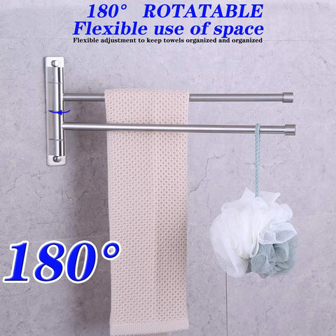 Two Arm Bathroom Swing Arm Towel Bar Wall Mount In Stainless Steel Brushed Finish with towel and loofah hanging