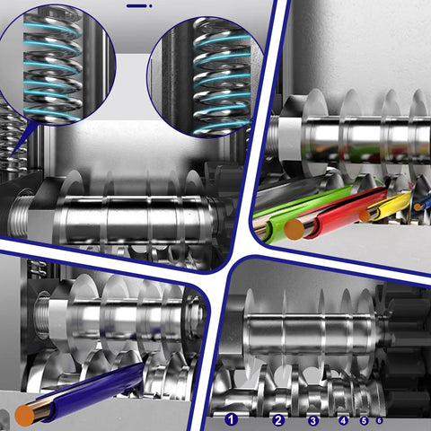 Close-up of 2-In-1 Wire Stripper Tool with spring details, 6 channels, and blades for copper wire from 0.12 to 0.67 inch.
