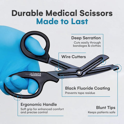 7.5 Inch Trauma Shears For Left Or Right Hand, Premium Stainless Steel Medical Scissors With Non Stick Coated Blades, Fluoride Coated Nurse Scissors, Durable Black Nursing Shears For Easy Cutting, black trauma shears with deep serrations