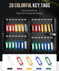 28 colorful key tags for Heavy Hitter Steel Key Wall Cabinet With Dead Tough 3 Digit Combo Lock Box, organized for easy labeling.