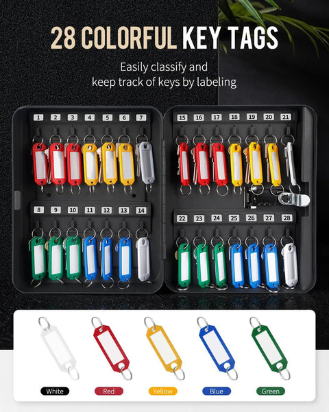 28 colorful key tags for Heavy Hitter Steel Key Wall Cabinet With Dead Tough 3 Digit Combo Lock Box, organized for easy labeling.