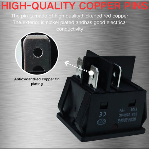 Heavy Duty 30A 250V DPST Rocker Switch 4 Pin Red Lighted On Off Toggle For 120V Or 240V Use, High Current 30 Amp Rating, Dual Pole Single Throw Switch, T125 Temperature Range Minus 25 To 85 Celsius, 2 Pack, black 4-pin terminals