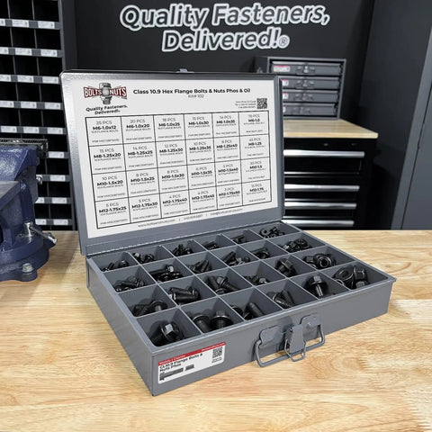 10.9 Grade Hex Cap Flange Bolts and Locking Flange Nuts Kit, 370-piece set showcased in open 24-hole tray with product card