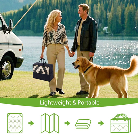 Couple with dog holding Waterproof Outdoor Rug 5x8 Ft Reversible Plastic Straw Pattern Patio Camping Mat For Outdoor And Indoor Use Built To Last For Deck Backyard Entry RV Picnic Campers Black And Beige