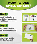 Instructional image on using 500 Pack Shell Mailer Trading Card Envelopes 7 By 4.35 Inch Lightweight Card Mailers for shipping.